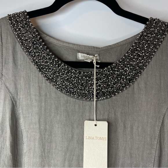 Lina Tomei 100% Linen Gray Sheath Dress Womens Medium Beaded Neck Stretch NWT - Picture 2 of 13